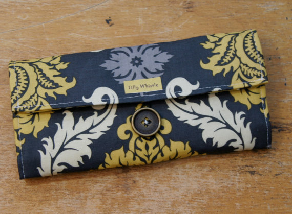 Fabric Wallet Grey and Yellow Damask with Zipper Pocket