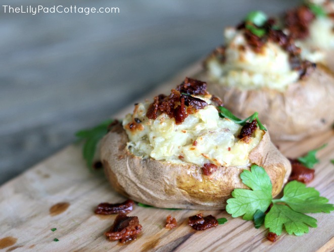 Baked potatoes stuffed with gruyere cheese, bacon, and caramelized shallots. - thelilypadcottage.com