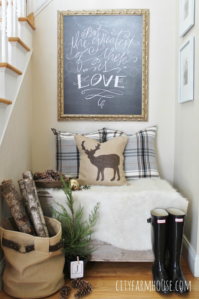 City Farmhouse-Holiday Nook-Using Textures, Natural Elements and Lindsey Letters Beautiful Canvas
