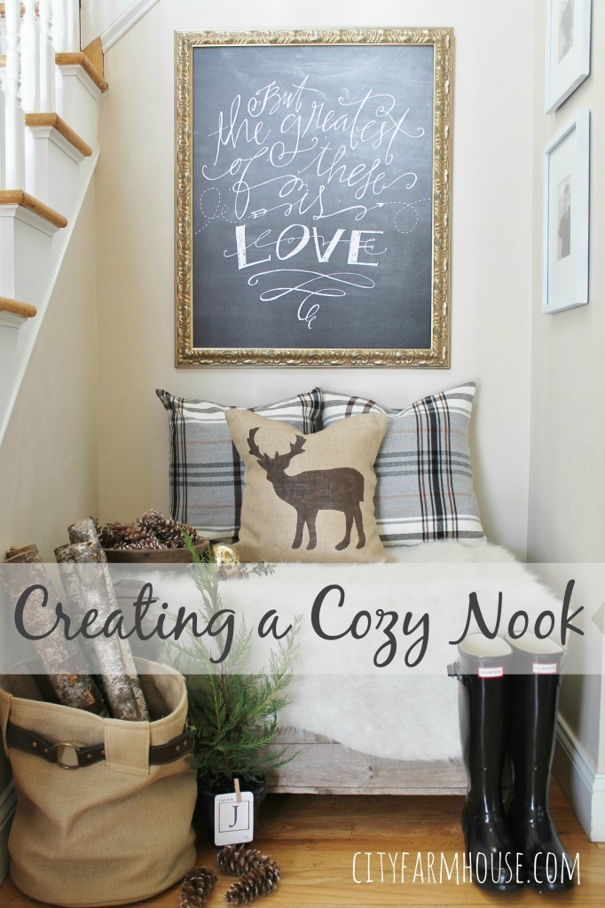 City Farmhouse-Holiday Nook-Using Textures, Natural Elements and Lindsey Letters Beautiful Canvas FEATURE