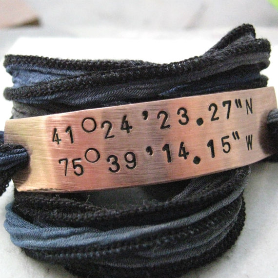 Latitude Longitude Wrap Bracelet, hand dyed silk ribbon in shades of blue and grey, storm cloud, choose copper or aluminum