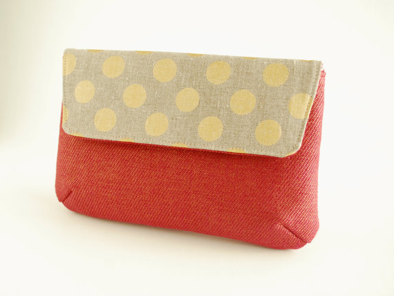 Gold Polka Dots Linen Clutch - Holiday Outfit Accessories-Festive Clutch-Prom Clutch, Pouch, Case, Purse-Gray Goldish Red