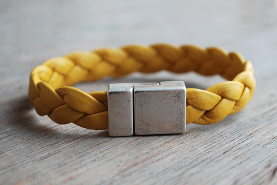 Mustard yellow leather bracelet braided // custom length // sporty casual // unisex // modern