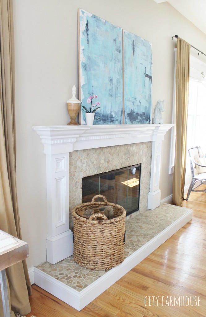 DIY Abstract Art -Using Soft Blue Tones to Create A Coastal Feel & Focal Point Above Mantle {City Farmhouse}