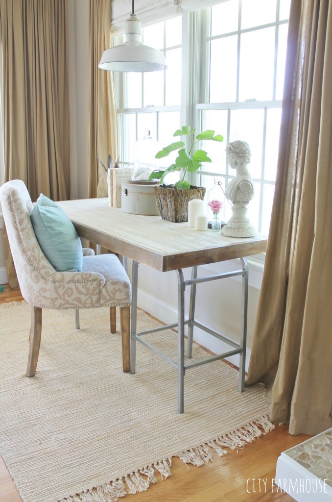 DIY Barstool Desk, neutral color palette. Mixing vintage with new & upcycling brings a modern rustic feel to the space. Thrifty decorating at its best