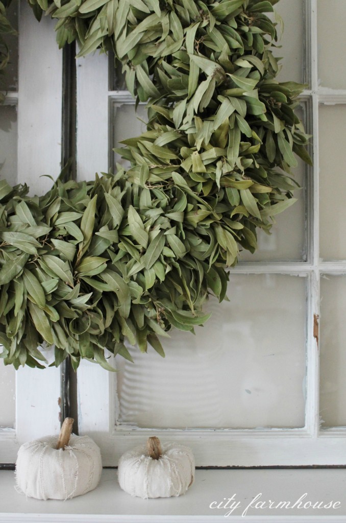 Dried bay leaf wreath from William Sonoma above mantle