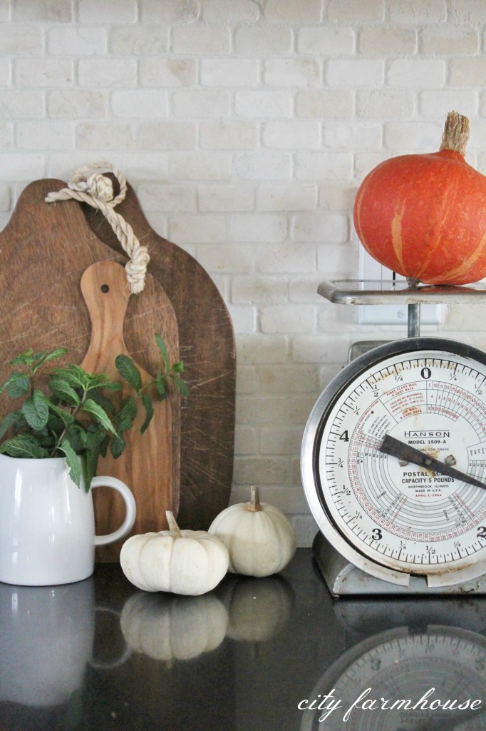 Fall kitchen-white pumpkins, bread boards & squash