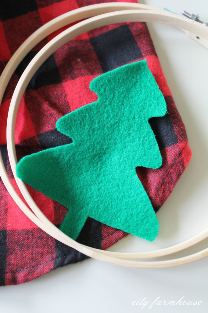 DIY Holiday Hoop Art-Use old plaid +flannel shirts