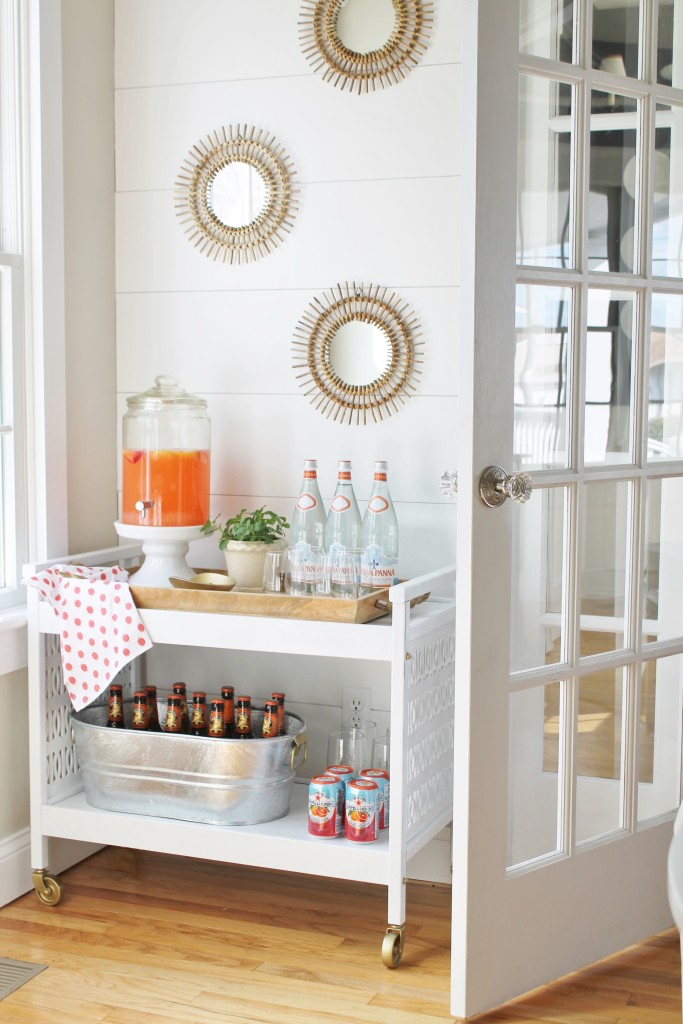 Bar Cart Mini Makeover With Rattan Mirrors and Planked Wall