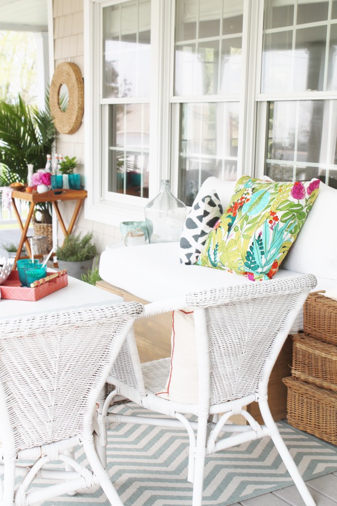 Summer Farmhouse Front Porch-White Wicker & Colorful Accents