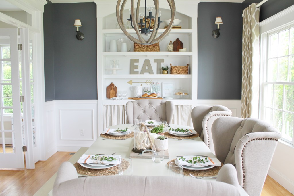 Summer Tour & Dining Room Reveal-Navy Walls, Ikat Curtains & Wingback Chairs