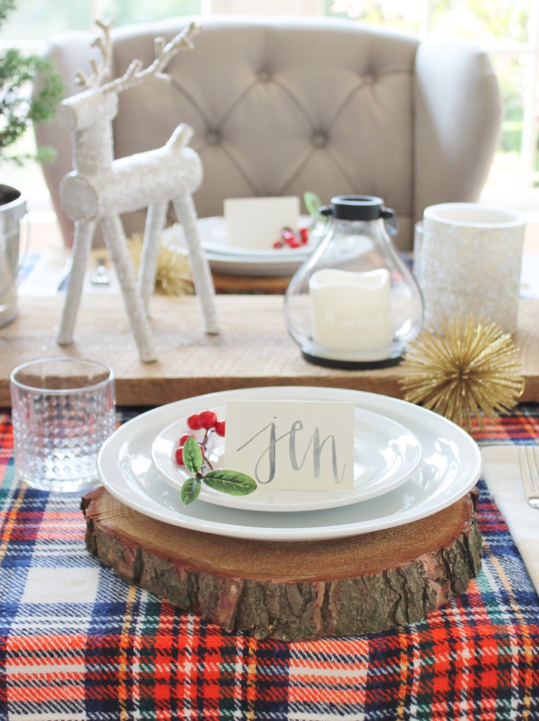 Woodland Inspired Christmas Dining Room With Lowe's, Glittery Deer & Wood Slice Chargers