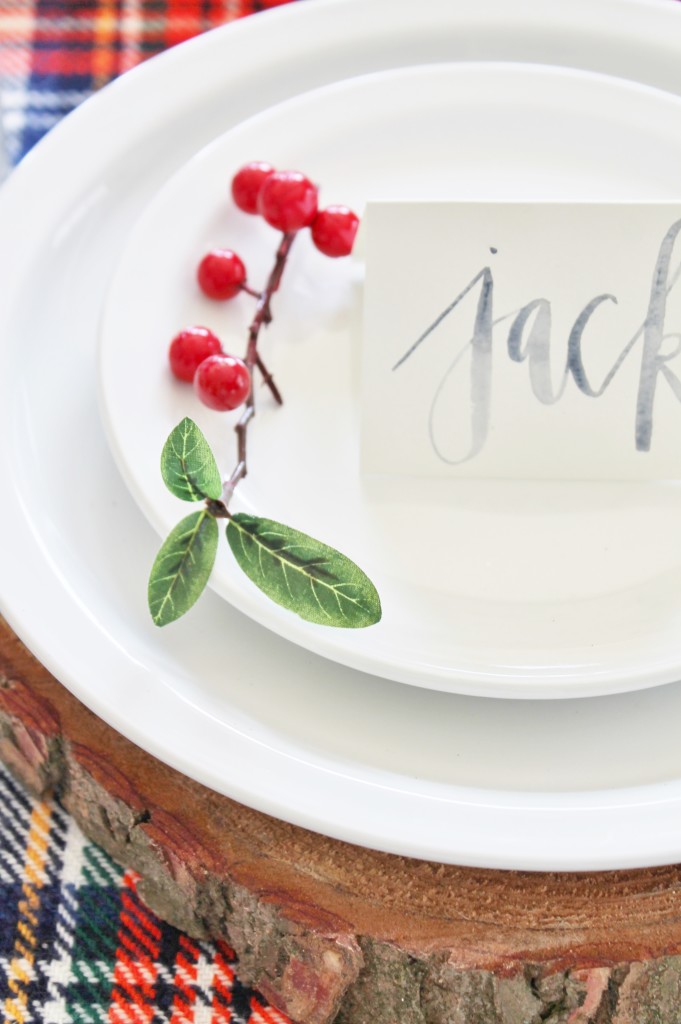 Woodland Inspired Christmas Dining Room, sprig of Berries and Watercolor Place Card