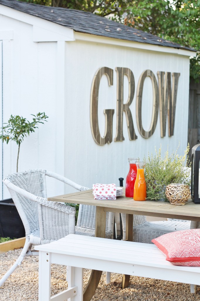 Hamptons Inspired Backyard Reveal-White Painted Shed + Reclaimed Wood Sign