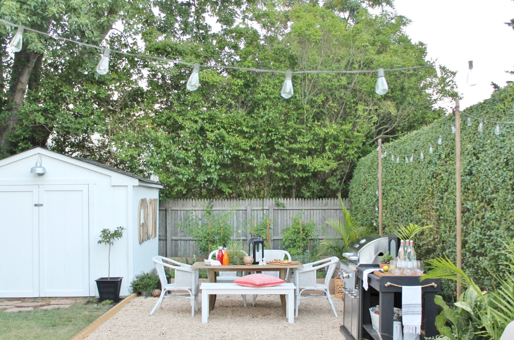 Backyard Reveal White Shed With Barn Light + Pea Gravel Patio