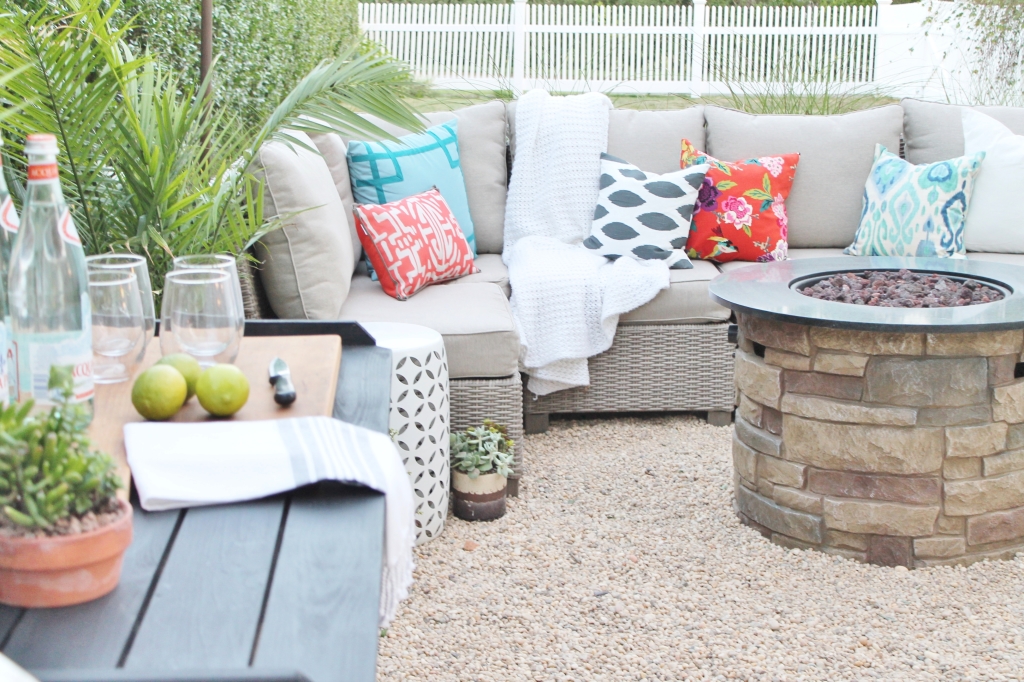 Hamptons Inspired Backyard-Black DIY Bar + Gray Sectional With Bold Outdoor Pillows