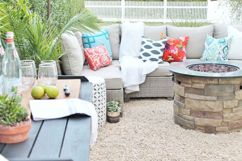 Hamptons Inspired Backyard-Black DIY Bar + Gray Sectional With Bold Outdoor Pillows