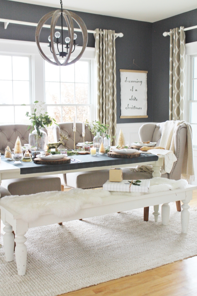 Holiday Dining Room- Plaid Runner, Eucalyptus, Log Slices, Ikat Drapes-West Elm, DIY Art, Wood Chandlier, BM Stormy Sky 