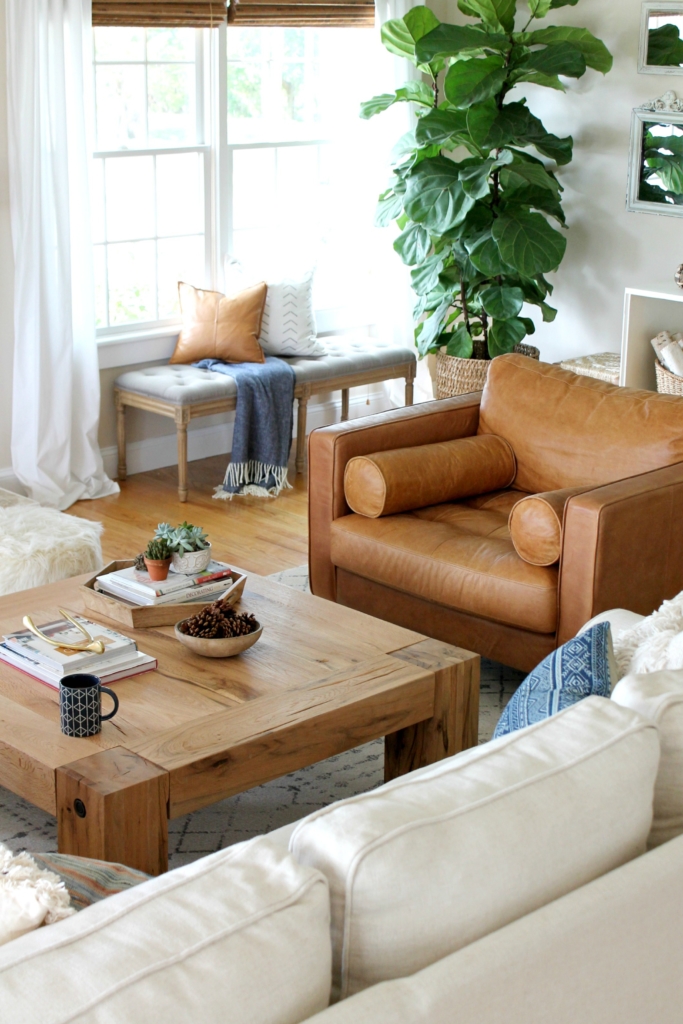 Modern Farmhouse Fall Family Room Tour-fiddle fig tree and caramel leather chair 