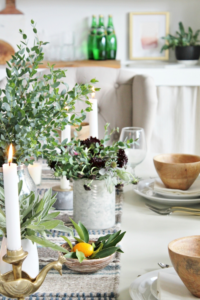 fall tablescape-using sage, eucalyptus + kumquat