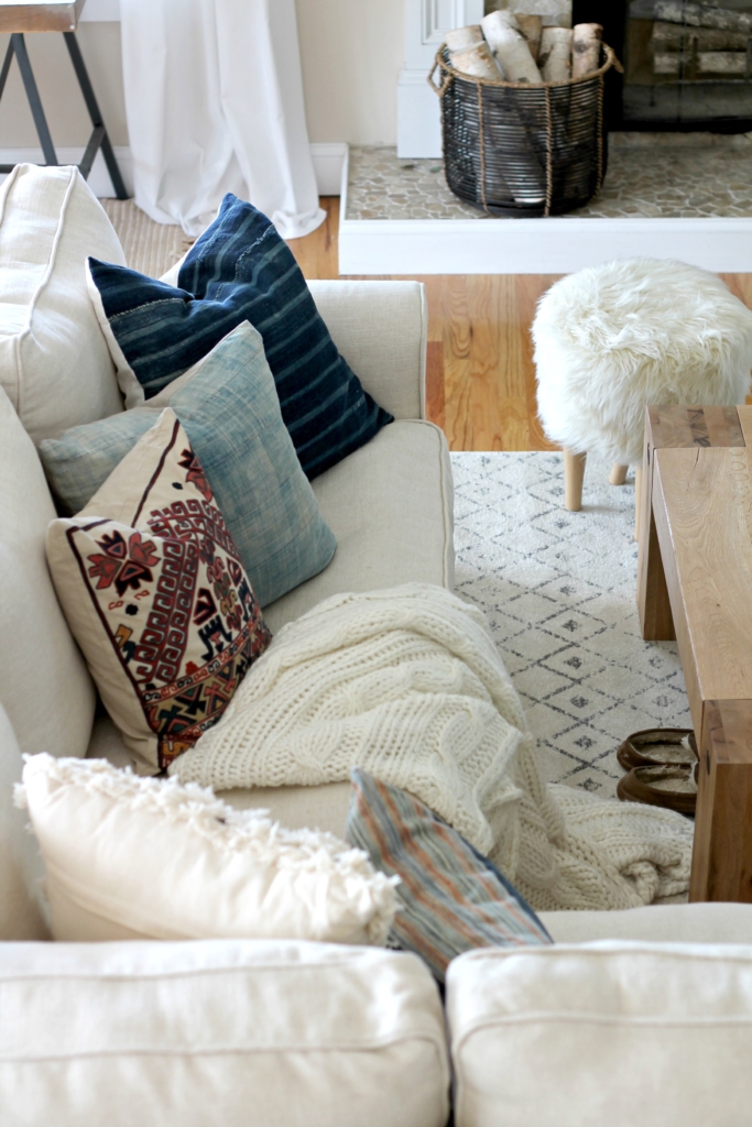 Modern Farmhouse Fall Family Room Tour-Ikea Slipcover Sectional & Layered Indigo pillows