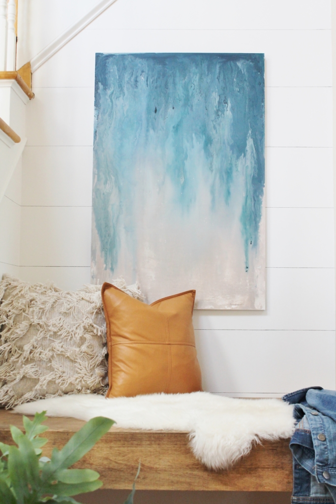 Nook makeover & DIY Abstract Art Tutorial. Planked Walls, Leather Pillow, Morracan Pillow. Floating Bench With Indigo Accents