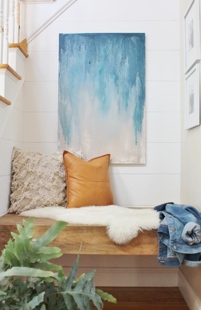 Nook makeover & DIY Abstract Art Tutorial. Planked Walls, Leather Pillow, Morracan Pillow. Floating Bench With Indigo Accents