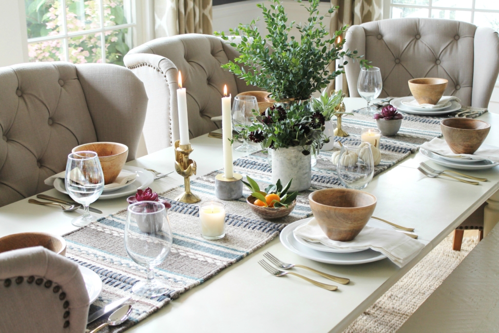 DIY Table Runner With West Elm Carpet Squares. Simple Rustic Tablescape