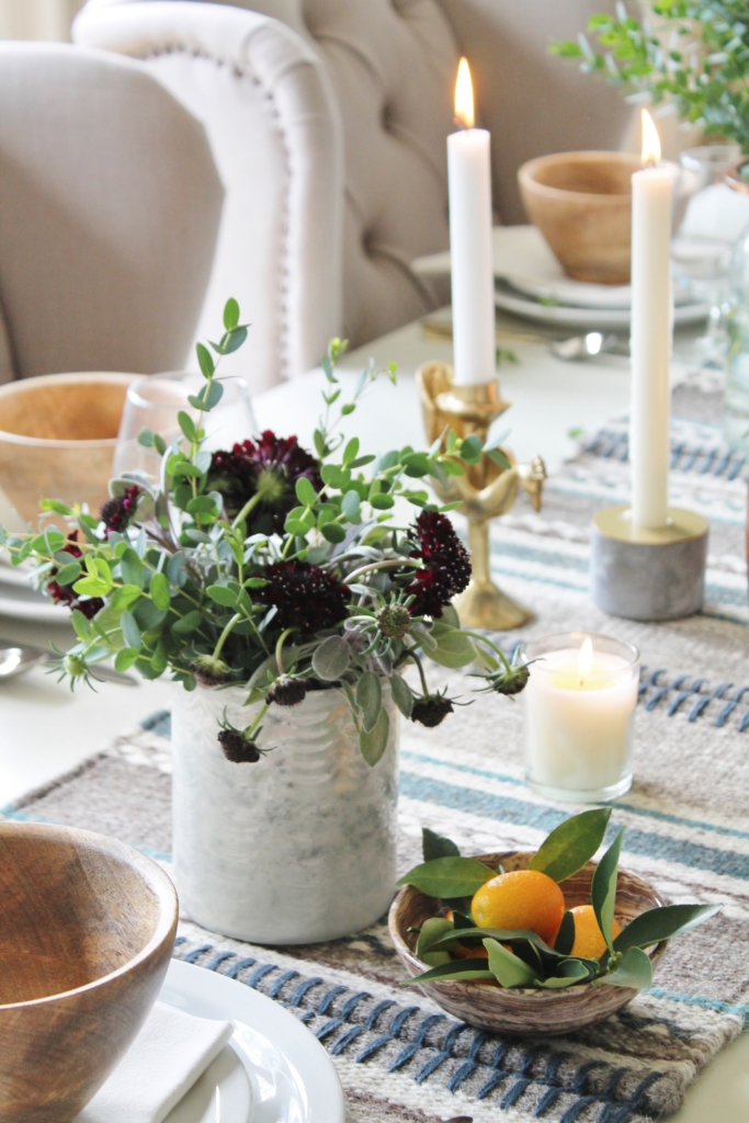 DIY Table Runner With West Elm Carpet Squares. Simple Rustic Tablescape With Kilim Runner