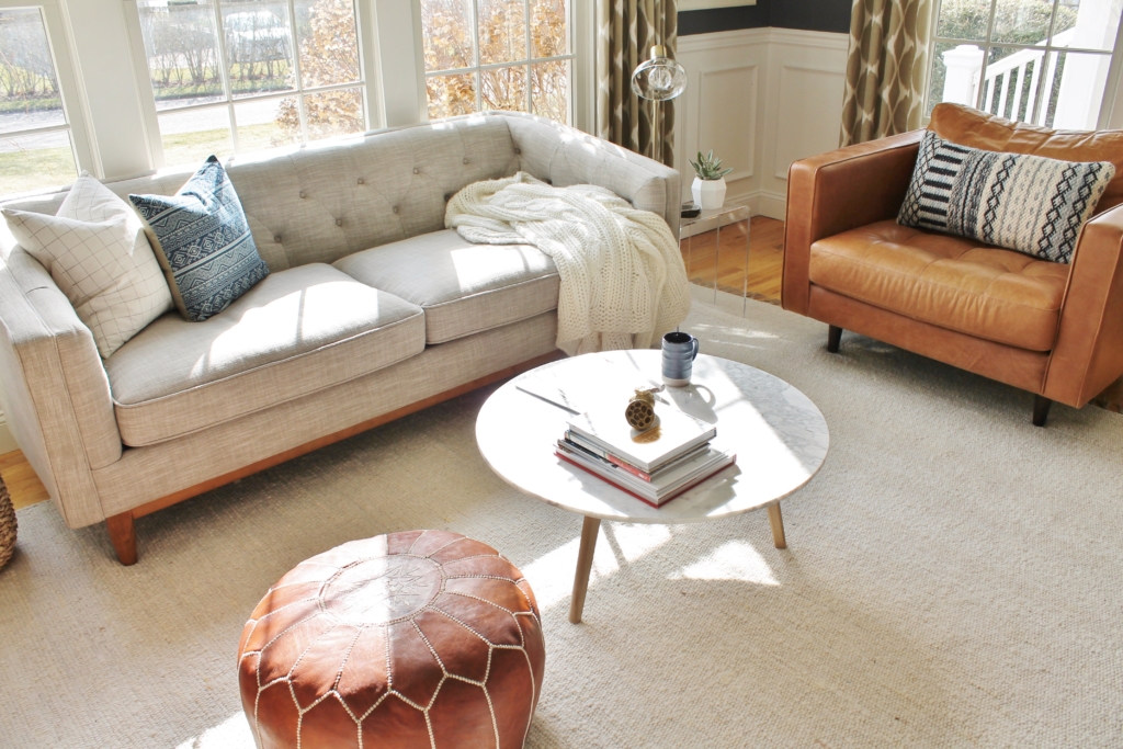 City Farmhouse Den Reveal Pre Paint-Marble Coffee Table, Leather Chair & Linen Tufted Sofa all from Article