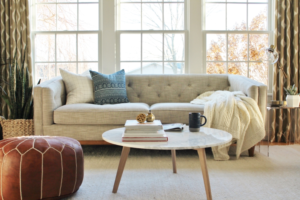 City Farmhouse Den Reveal Pre Paint-Neutral Sofa With Pops of Blue