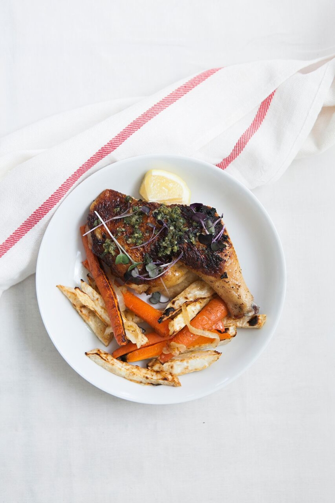 Butterflied Cornish Chicken with Carrot and Celeriac Fries