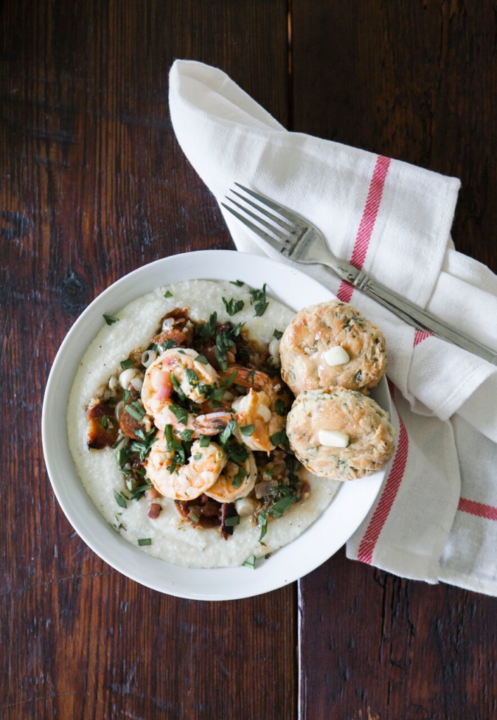 Southern-Inspired Shrimp & Grits with Ramp Biscuits