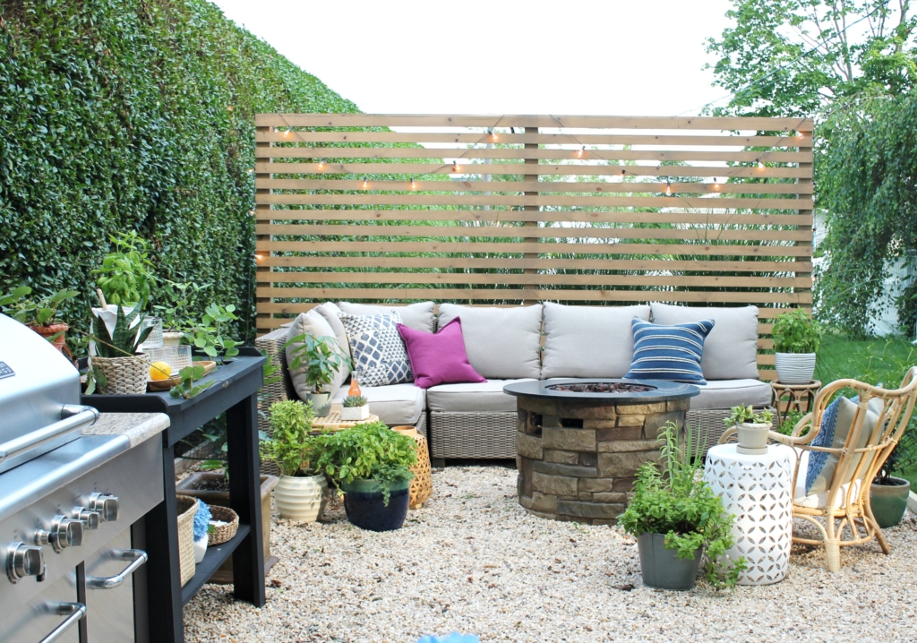 Outdoor Privacy Screen With Sherwin-Williams. DIY Pea Gravel Patio. Painted Dining Table With Wicker Chairs. Modern Rustic Privacy Screen With Baja Beige Super Deck Stain. Outdoor DIY Kitchen. Outdoor Sectional With Firepit. Rattan Chair Ikea