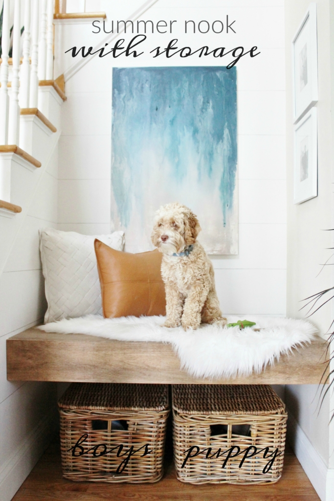 Easy summer storage & nook with DIY abstract art and floating bench. Modern farmhouse nook understairs with faux planked walls