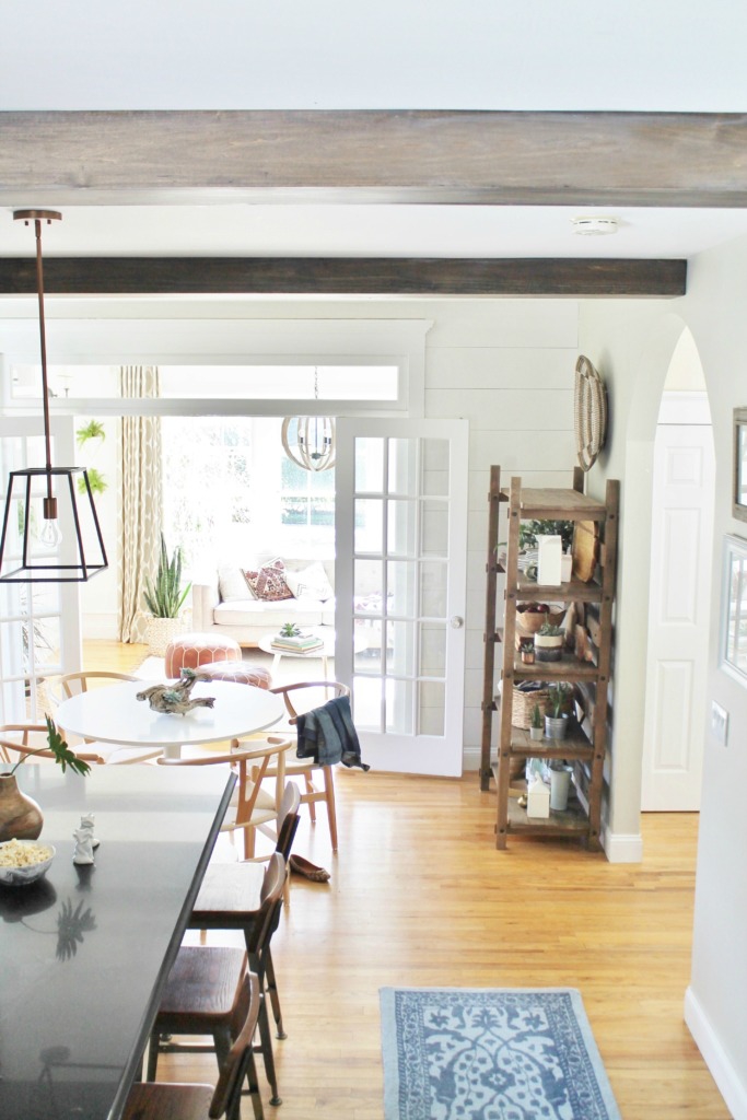 DIY Modern Rustic Wood Beams-Barnwood look by using Minwax Dark Walnut + White Wash. DIY Wood Beams in the Kitchen-City Farmhouse