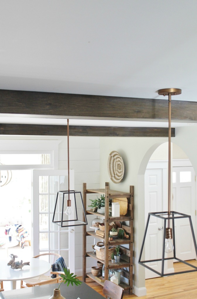 DIY Modern Rustic Wood Beams-Barnwood look by using Minwax Dark Walnut + White Wash. DIY Wood Beams in the Kitchen-City Farmhouse