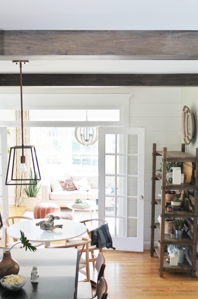 DIY Modern Rustic Wood Beams-Barnwood look by using Minwax Dark Walnut + White Wash. DIY Wood Beams in the Kitchen-City Farmhouse