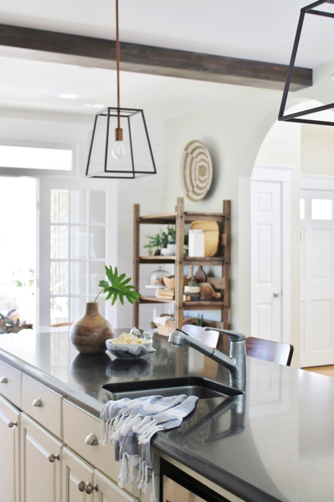 DIY Modern Rustic Wood Beams-Barnwood look by using Minwax Dark Walnut + White Wash. DIY Wood Beams in the Kitchen-City Farmhouse