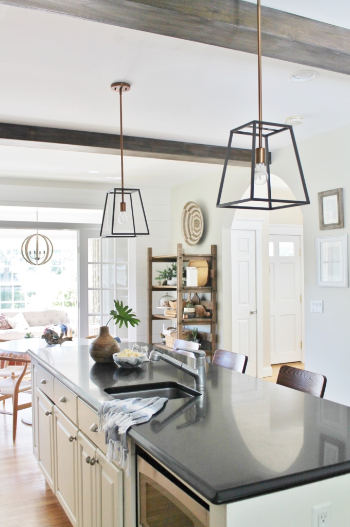 DIY Modern Rustic Wood Beams-Barnwood look by using Minwax Dark Walnut + White Wash. DIY Wood Beams in the Kitchen-City Farmhouse