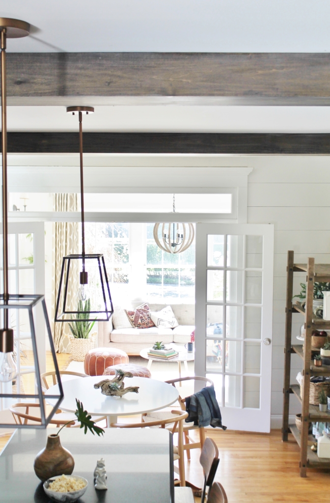 DIY Modern Rustic Wood Beams-Barnwood look by using Minwax Dark Walnut + White Wash. DIY Wood Beams in the Kitchen-City Farmhouse