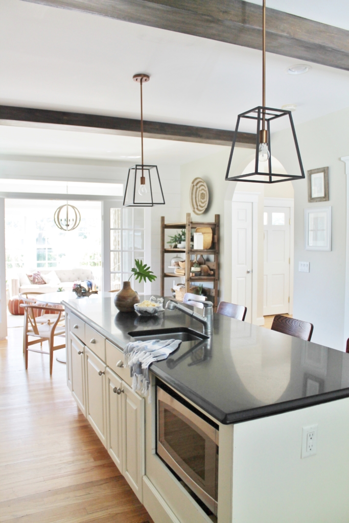 DIY Modern Rustic Wood Beams-Barnwood look by using Minwax Dark Walnut + White Wash. DIY Wood Beams in the Kitchen-City Farmhouse