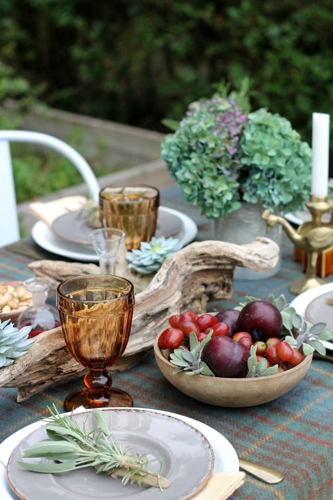 Outdoor Fall Tablescape Using Driftwood, Herbs + Succulents