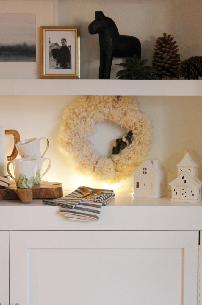 City Farmhouse Simple Sophisticated Scandinavian Christmas House Tour-Abstract Art Lindsay Letters, Built-ins, Article Sofa & Chair, Wool Rug, Marble Coffee Table, Bay Wrearths, Hot Cocoa Bar