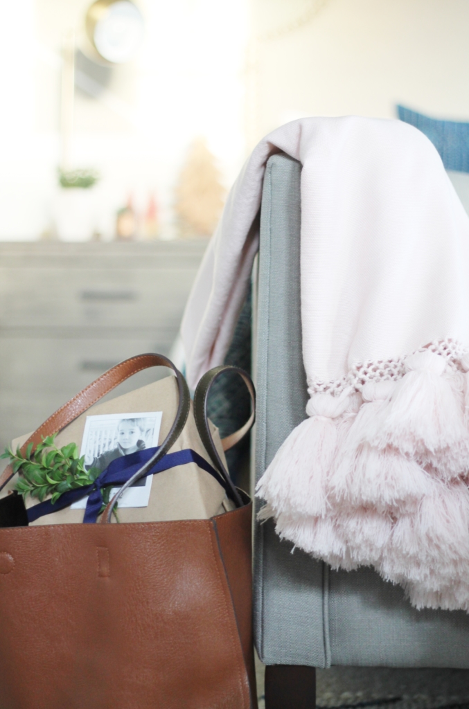 Preppy Christmas Bedroom-Indigo + Blush With Plaid Accents and Fresh DIY Green Wreath. New Side Tables From Birch Lane.