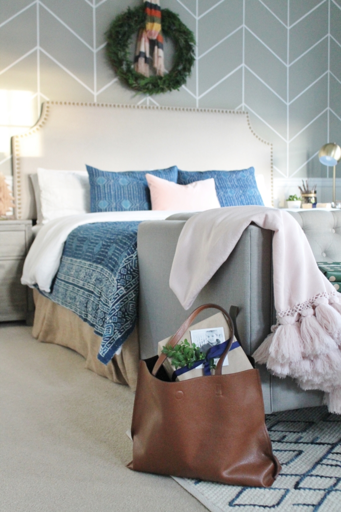 Preppy Christmas Bedroom-Indigo + Blush With Plaid Accents and Fresh DIY Green Wreath. New Side Tables From Birch Lane.