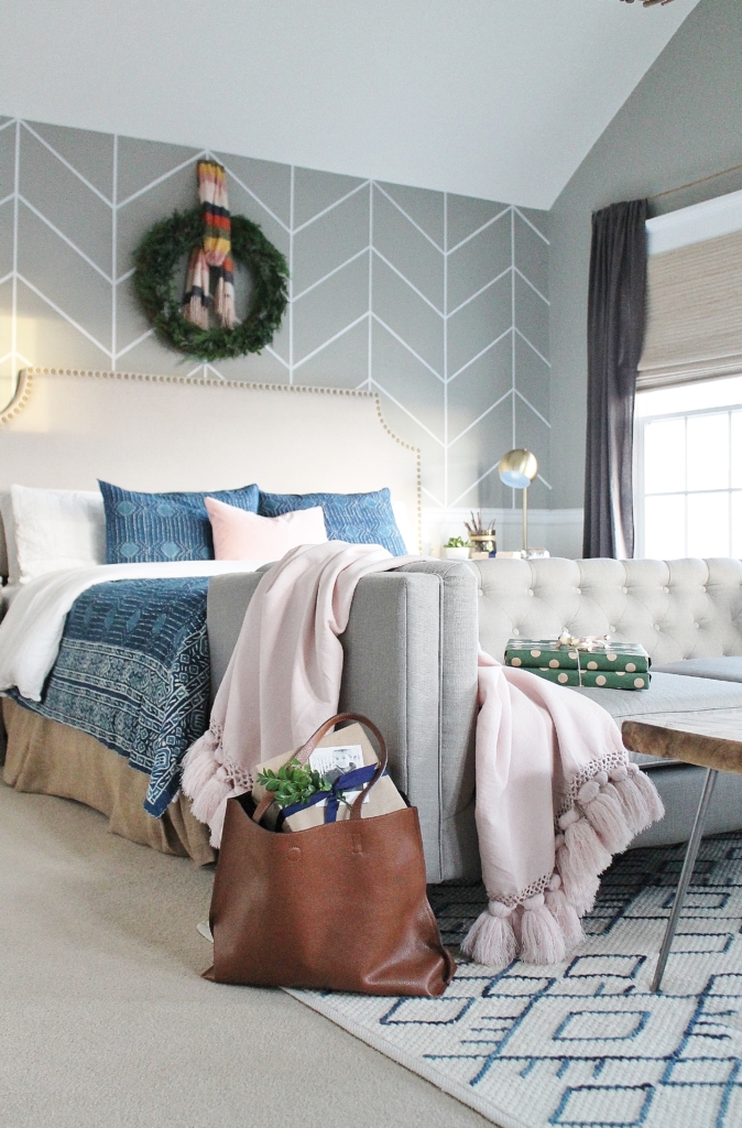 Preppy Christmas Bedroom-Indigo + Blush With Plaid Accents and Fresh DIY Green Wreath. New Side Tables From Birch Lane.