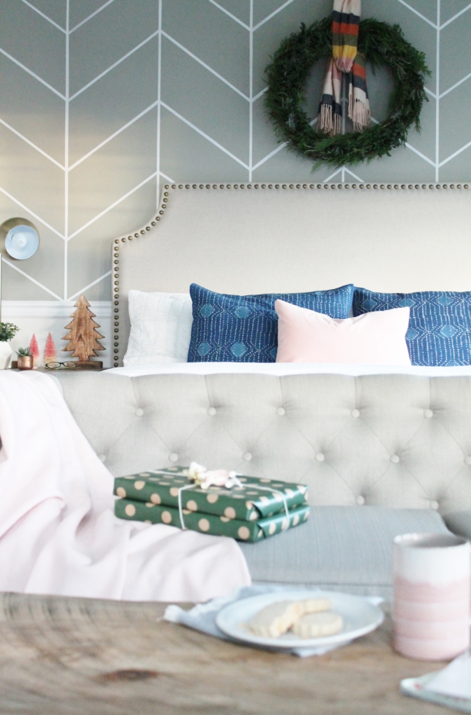 Preppy Christmas Bedroom-Indigo + Blush With Plaid Accents and Fresh DIY Green Wreath. New Side Tables From Birch Lane.