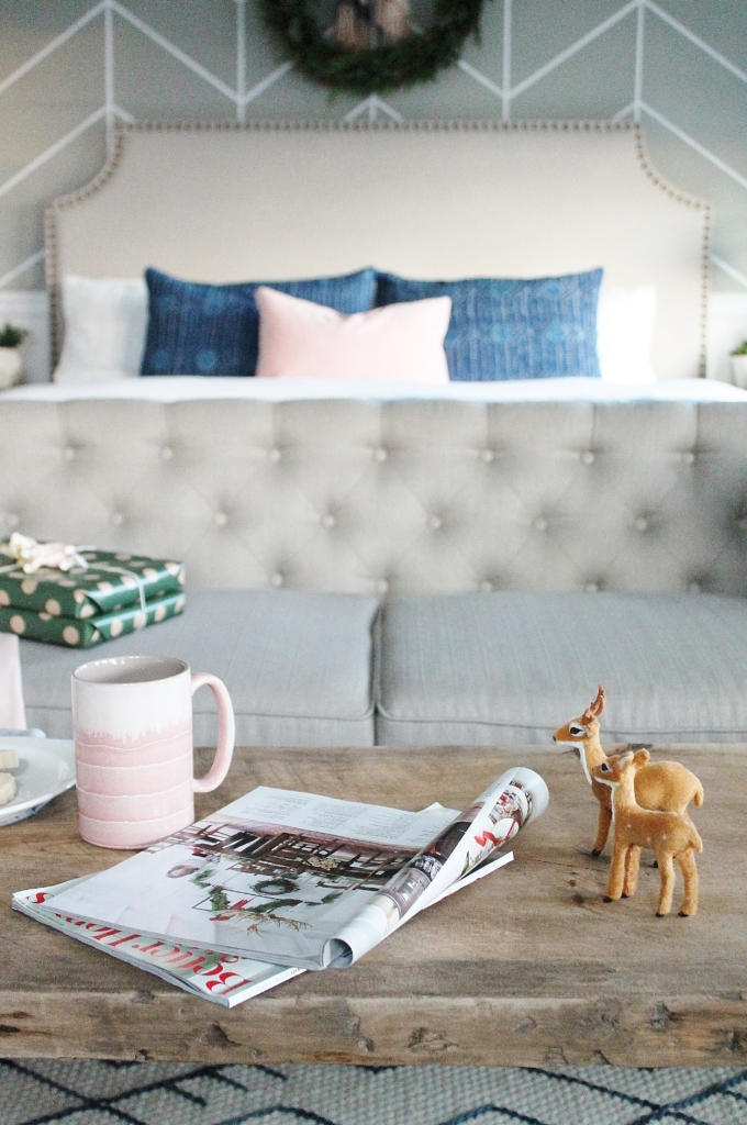 Preppy Christmas Bedroom-Indigo + Blush With Plaid Accents and Fresh DIY Green Wreath. New Side Tables From Birch Lane.