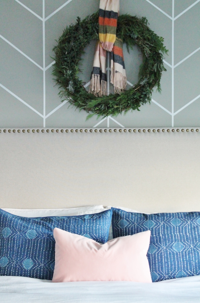 Preppy Christmas Bedroom-Indigo + Blush With Plaid Accents and Fresh DIY Green Wreath. New Side Tables From Birch Lane.